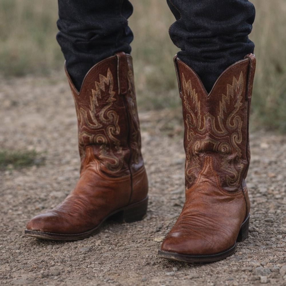 Lucchese Ostrich Leather Cowboy Boots Mens 9D Brown Western Ranch USA Made - Picture 12 of 13